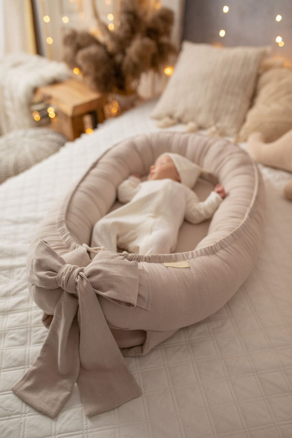 Nid Pour Bébé Fait Main En Lin Doux - Confort Beige Avec Matelas Amovible 0